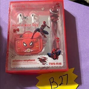B27, TWS K48 Wireless Earbuds Spider-Man Theme, plus earbuds case and keychain